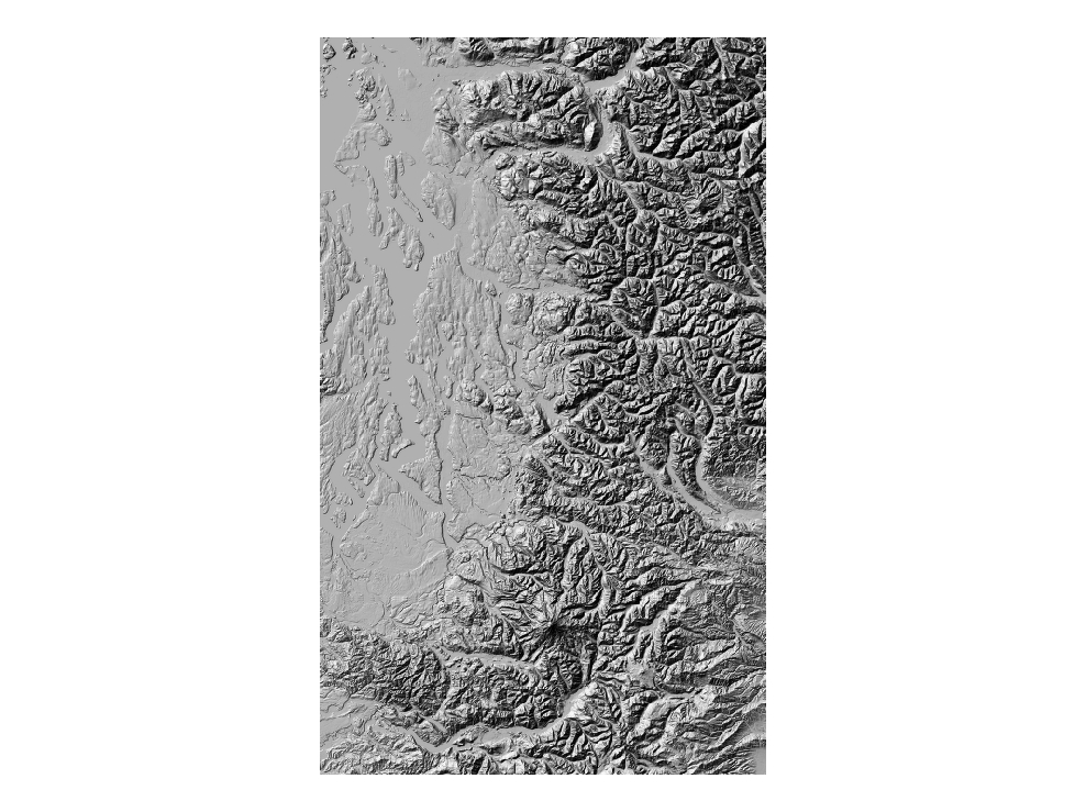 Cartographic Greyscale Hillshade for Puget Sound lowlands and Cascade Range