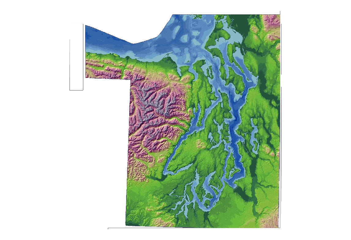 Color scale hillshade from regional Puget Sound - land and bathymetry