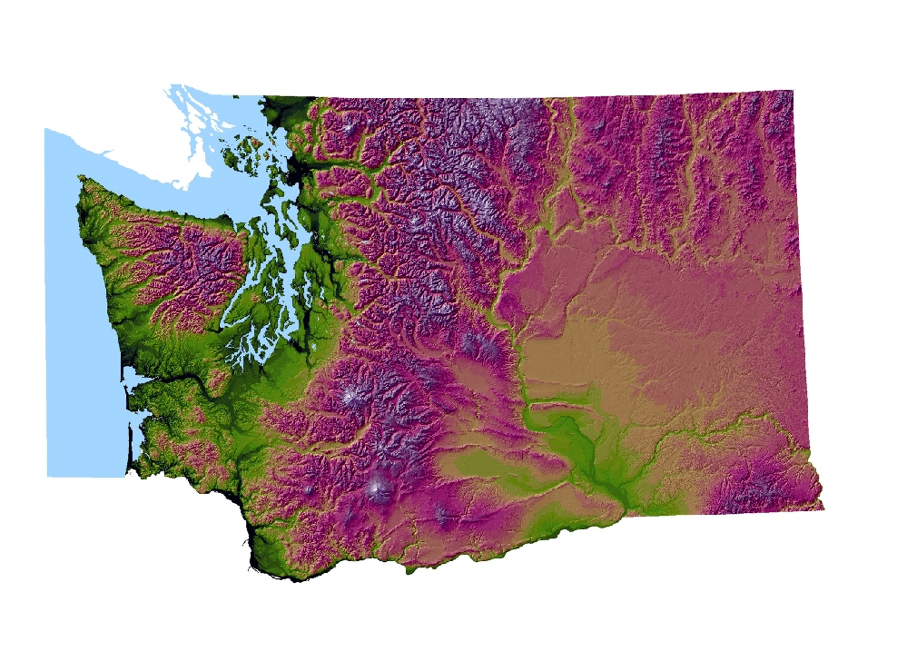 30-meter Mosaicked DEM, Greyscale hillshade, and elevation-shaded (colorized) hillshade for entire state of Washington