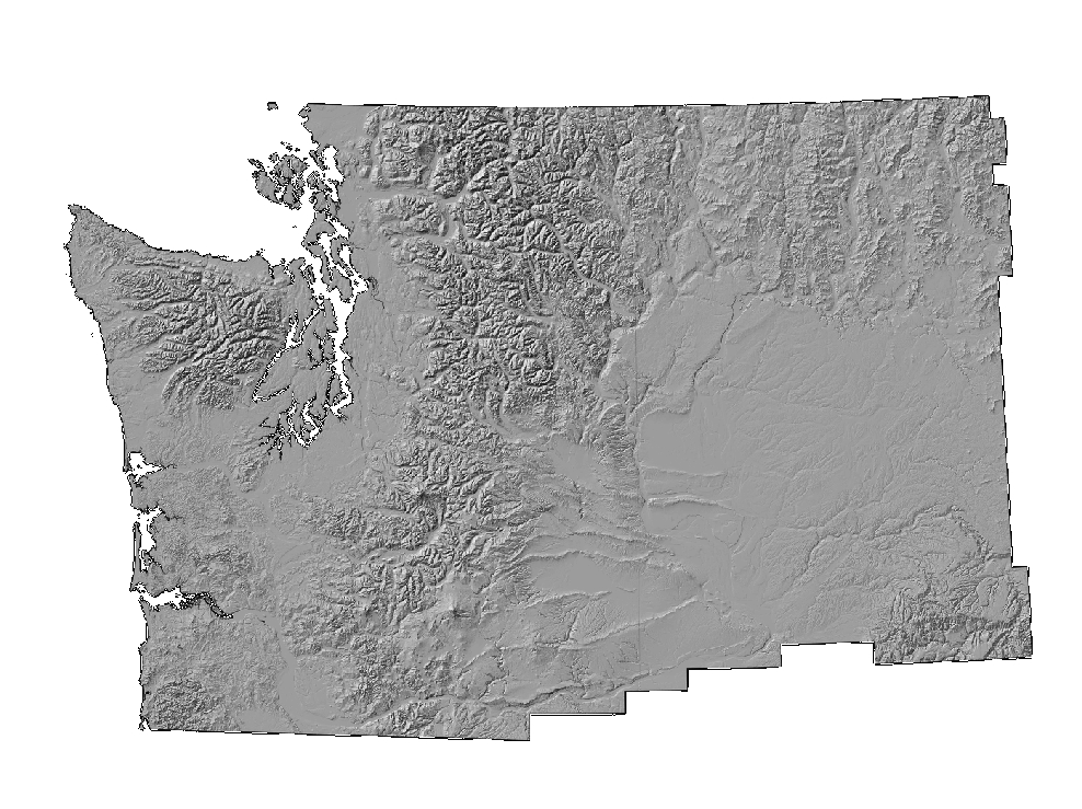 30-meter Mosaicked DEM, Greyscale hillshade, and elevation-shaded (colorized) hillshade for entire state of Washington