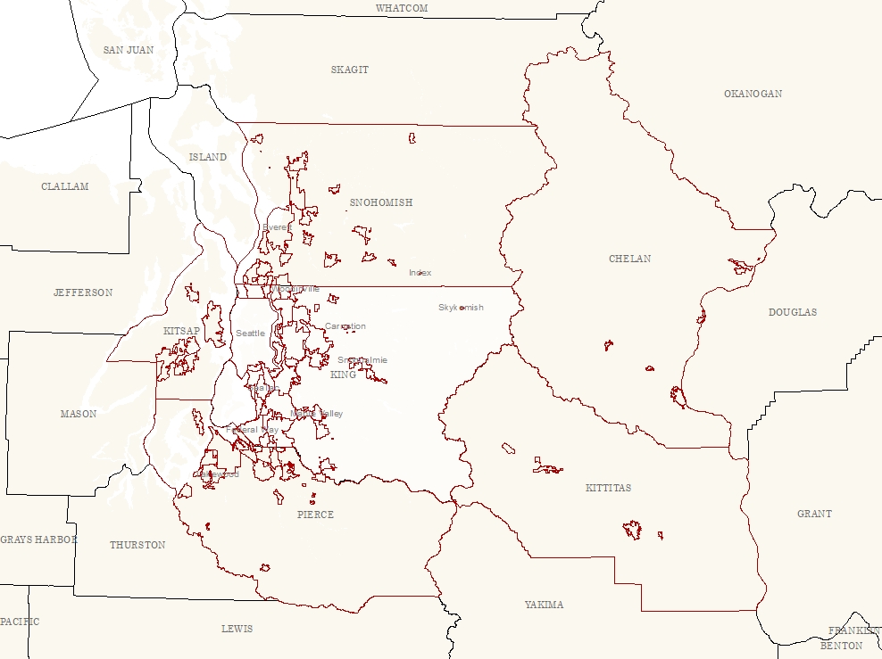Incorporated Areas (cities) in Three County Area Plus Unincorporated Areas - Boundary Line