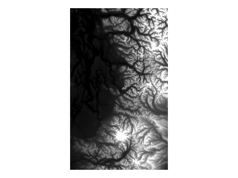 Cartographic Greyscale Hillshade for Puget Sound lowlands and Cascade Range